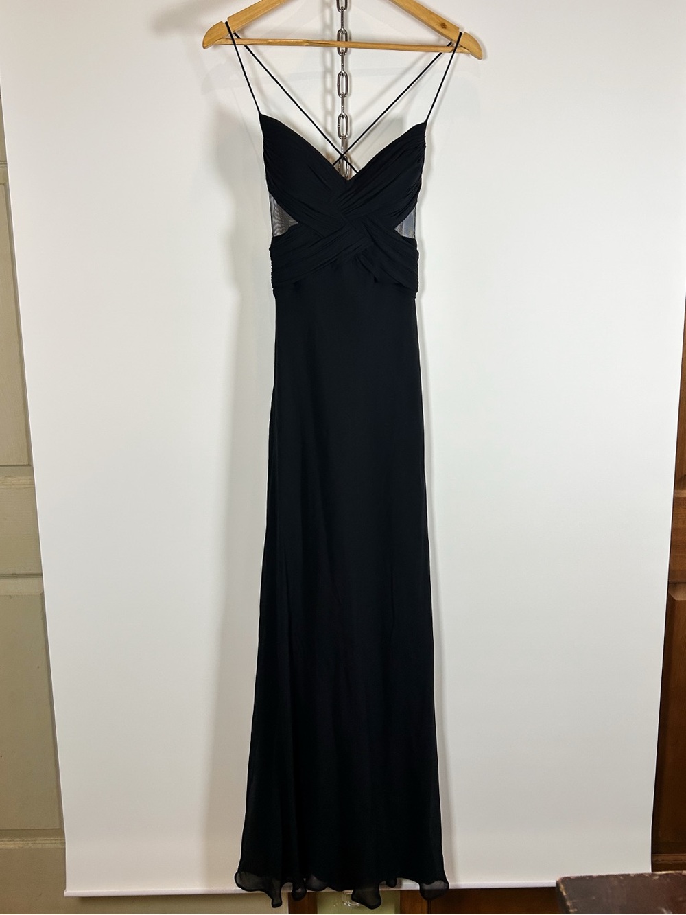 Y2K Cache Silk Black Ruched Maxi Dress Sz 2 w/ Sheer Cutout